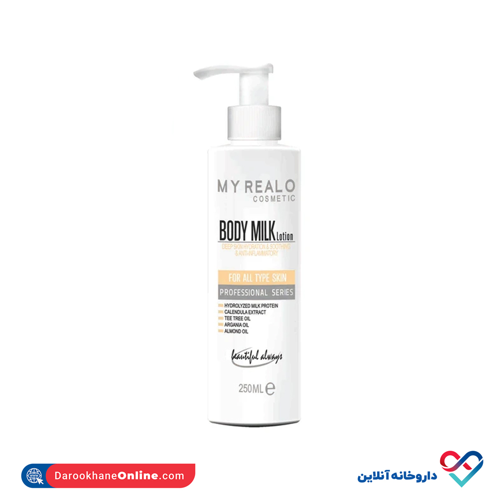 my-realo-cosmetic-body-milk-lotion-250ml-1.jpg لوسیون بدن پروتئین هیدرولیز شده شیر مای رئال اُ 250ml - Image 1